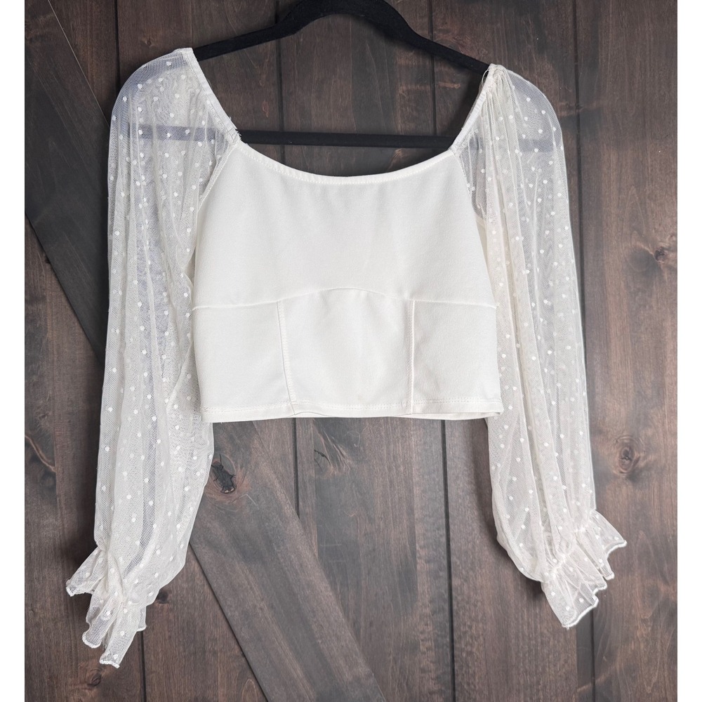 Evolutionary White Crop Top Sheer‎ Polka Dot Puff Sleeve Square Neck